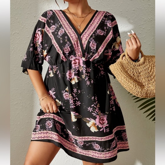 Boho Plus Size Floral Print Tie Back Dress Navy Blue - Picture 6 of 14